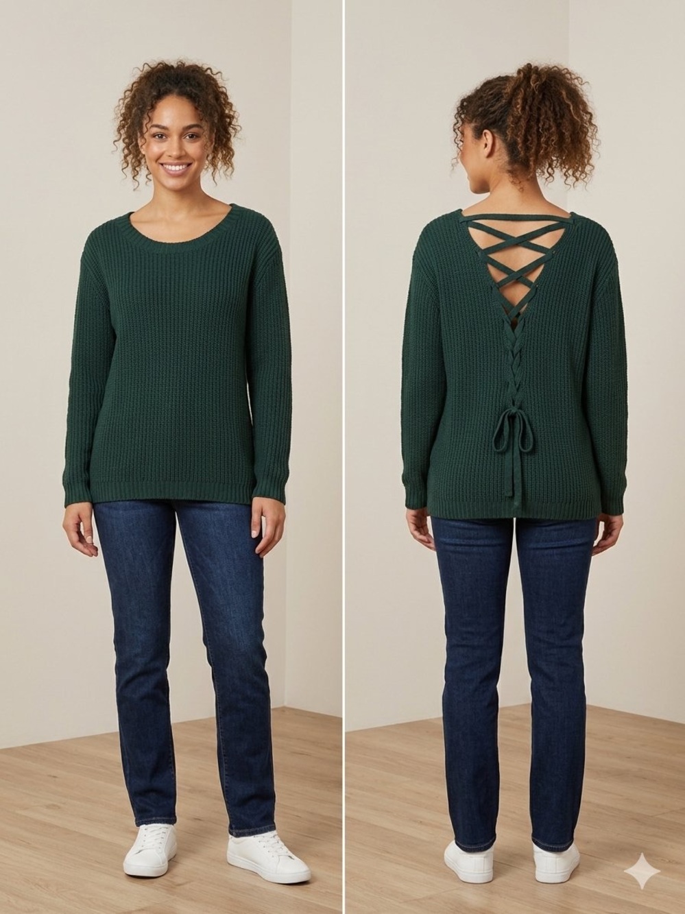 Women's Green Lace-Up Back Knit Sweater